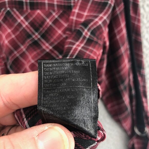 BB Dakota Jack Top Womens Medium Red Plaid Cropped Roll Tab Long Sleeve Button - Picture 8 of 11